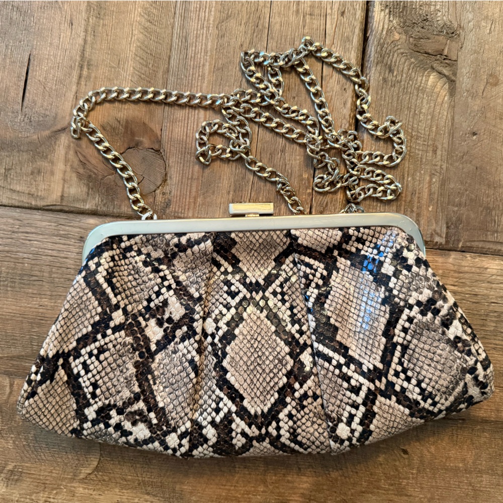 Python-Print Chain Strap Clutch Shoulder Bag - Br… - image 1